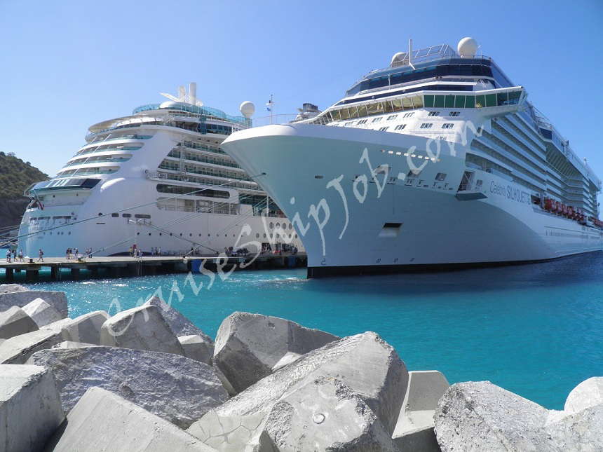 Hired cruise job seekers photos - Royal Caribbean International and Celebrity Cruises ships berthed at the pier in St. Maarten